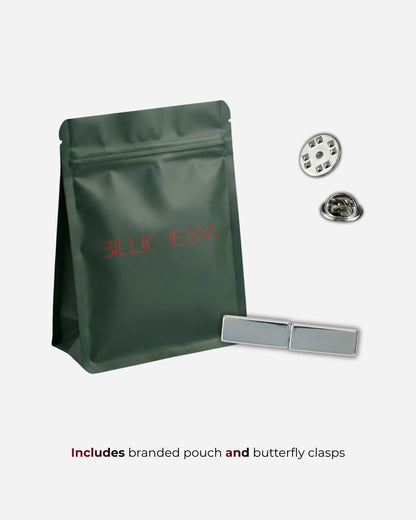 Green pouch with silver clasps and buttons, text visible on pouch.