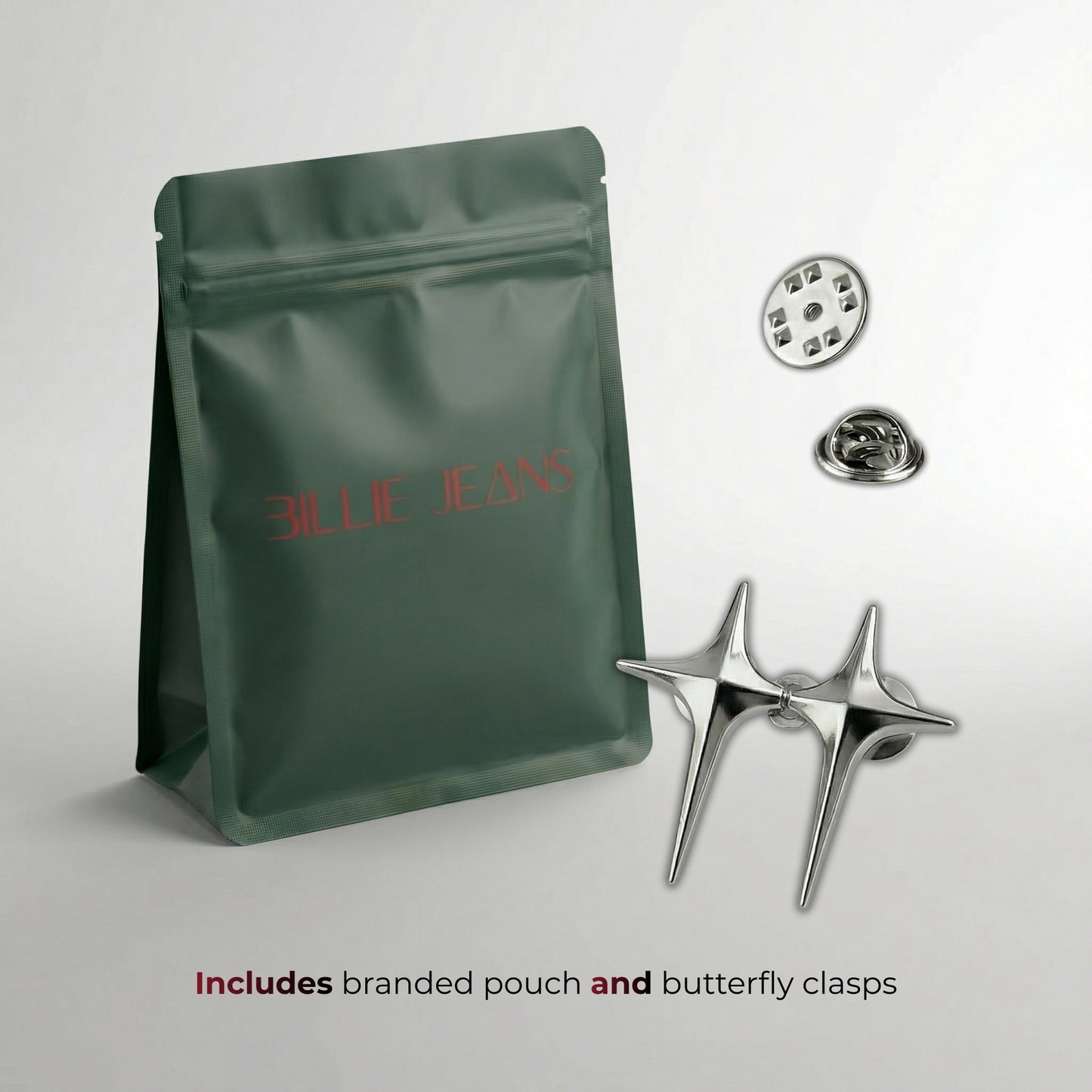 Green branded pouch with butterfly clasps on a light gray background