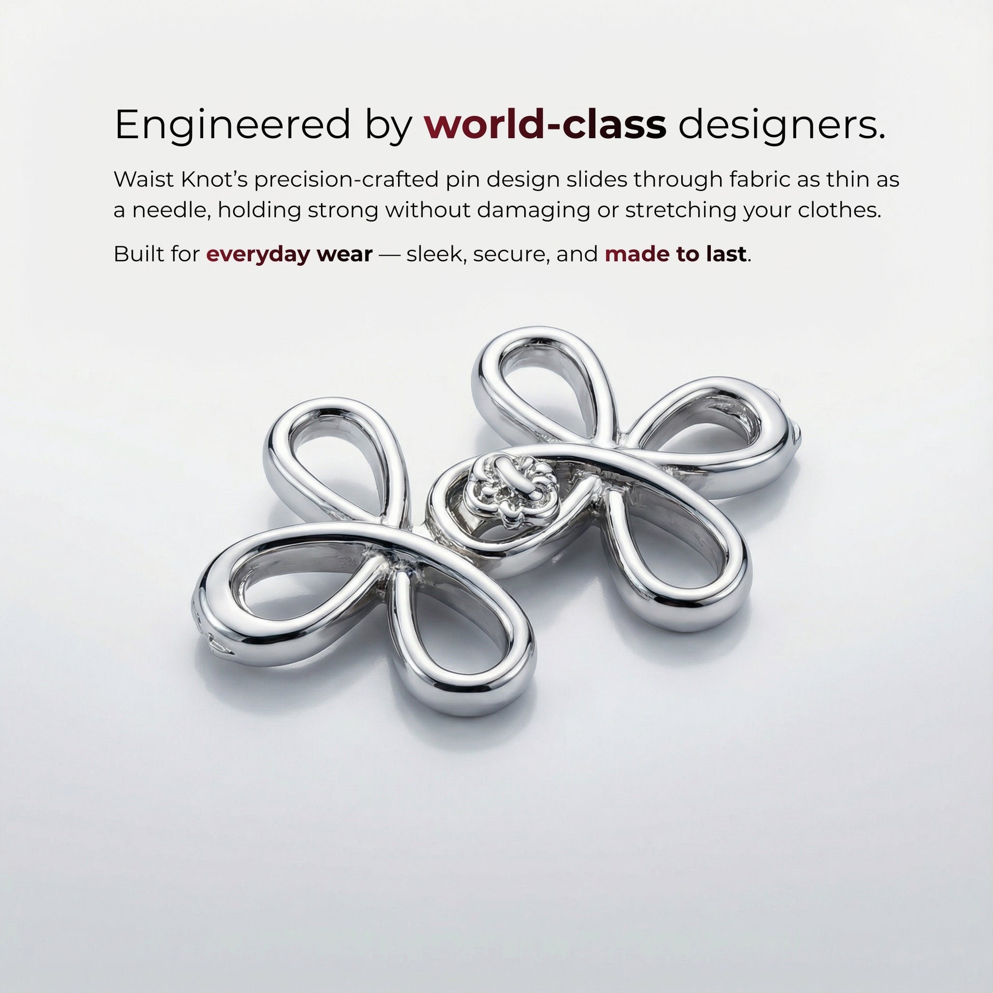 Zilveren strik op een lichtgrijze achtergrond met tekst over ontwerpers van wereldklasse en productkenmerken.