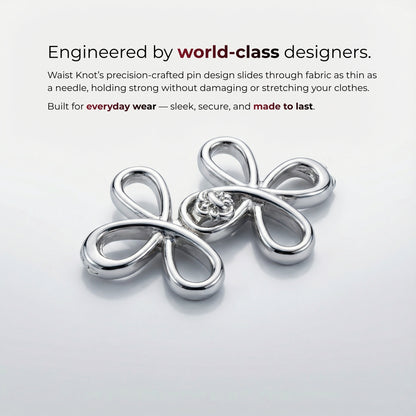 Zilveren strik op een lichtgrijze achtergrond met tekst over ontwerpers van wereldklasse en productkenmerken.