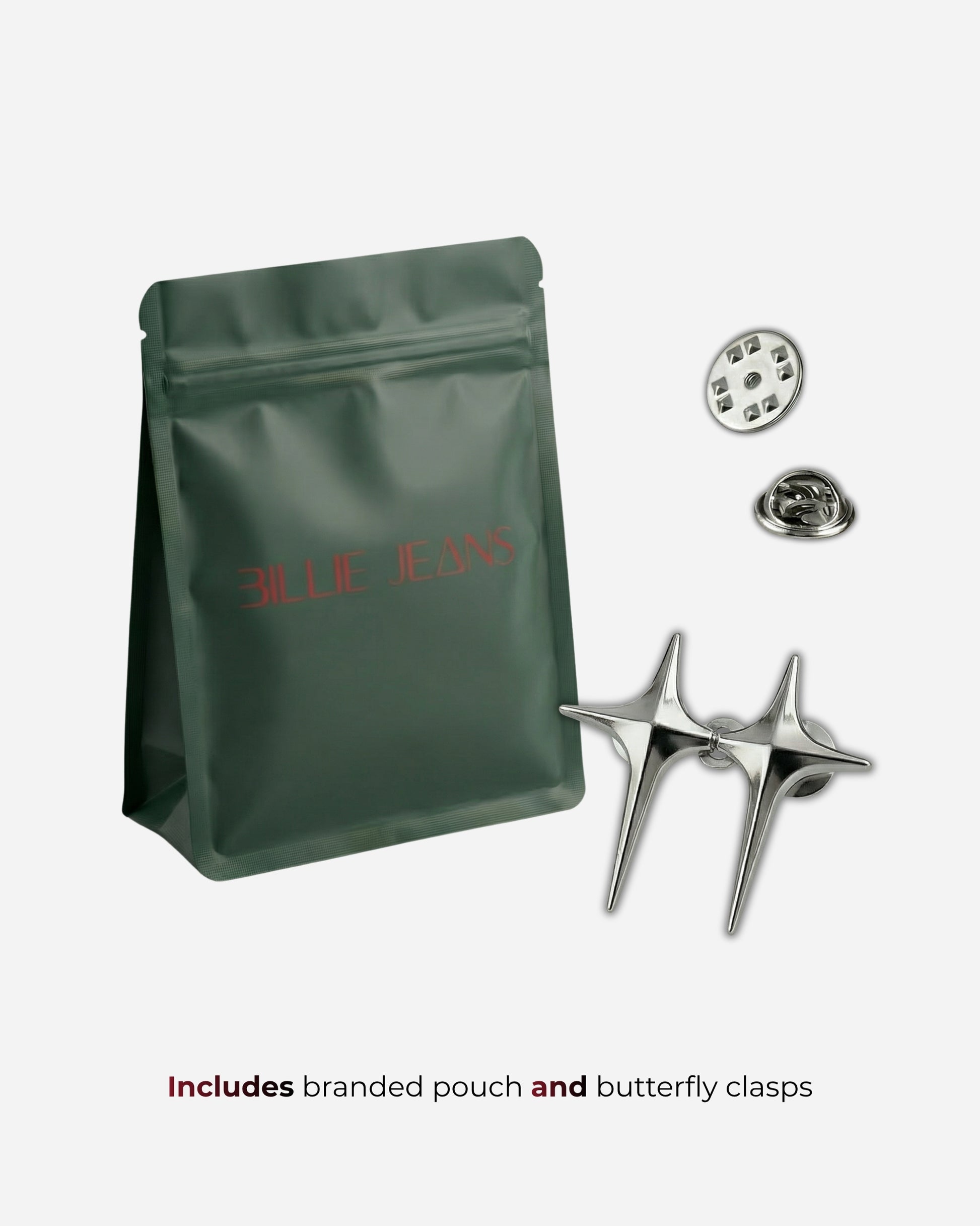 Green pouch with silver clasps and buttons, text visible on pouch.