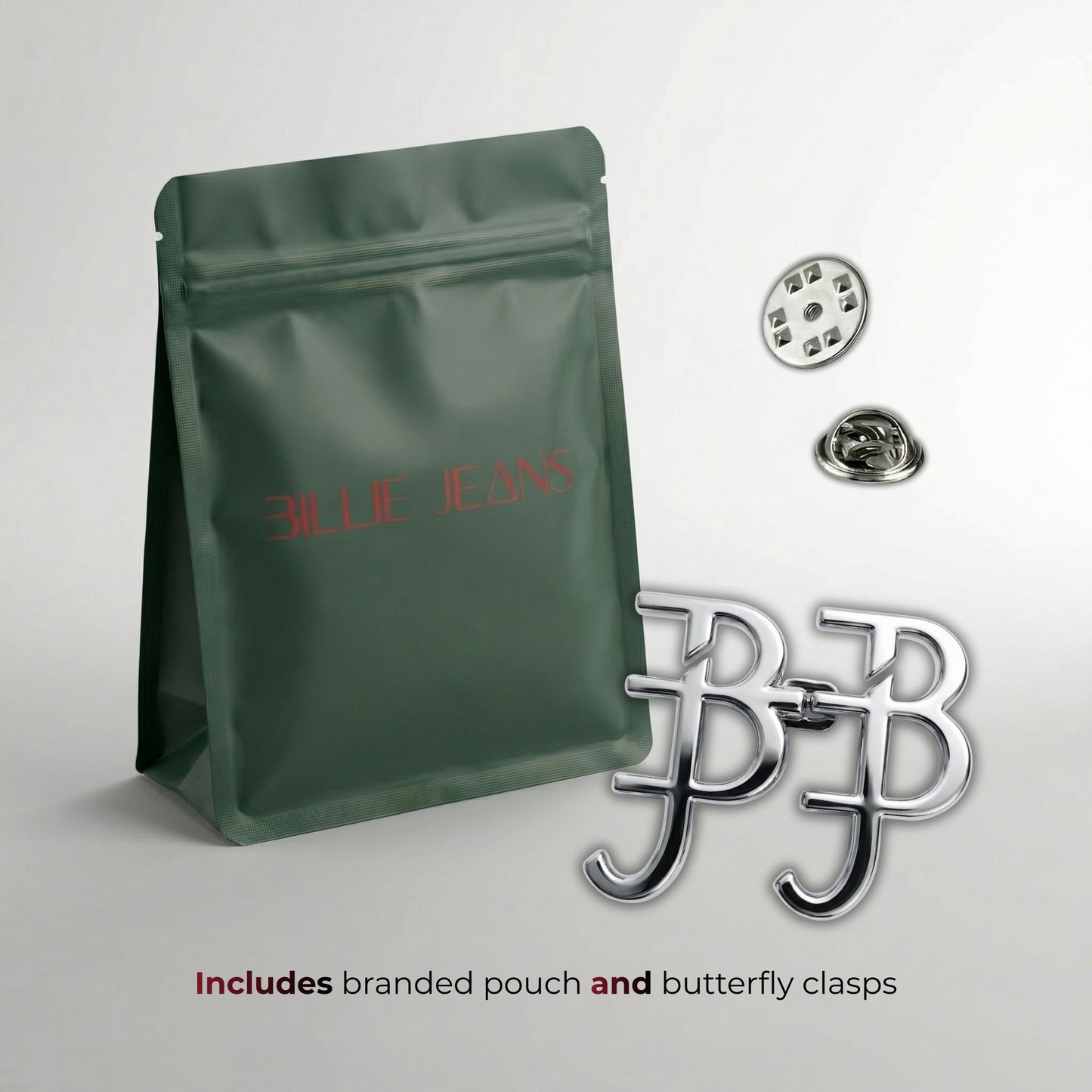 Green branded pouch with butterfly clasps on a light gray background