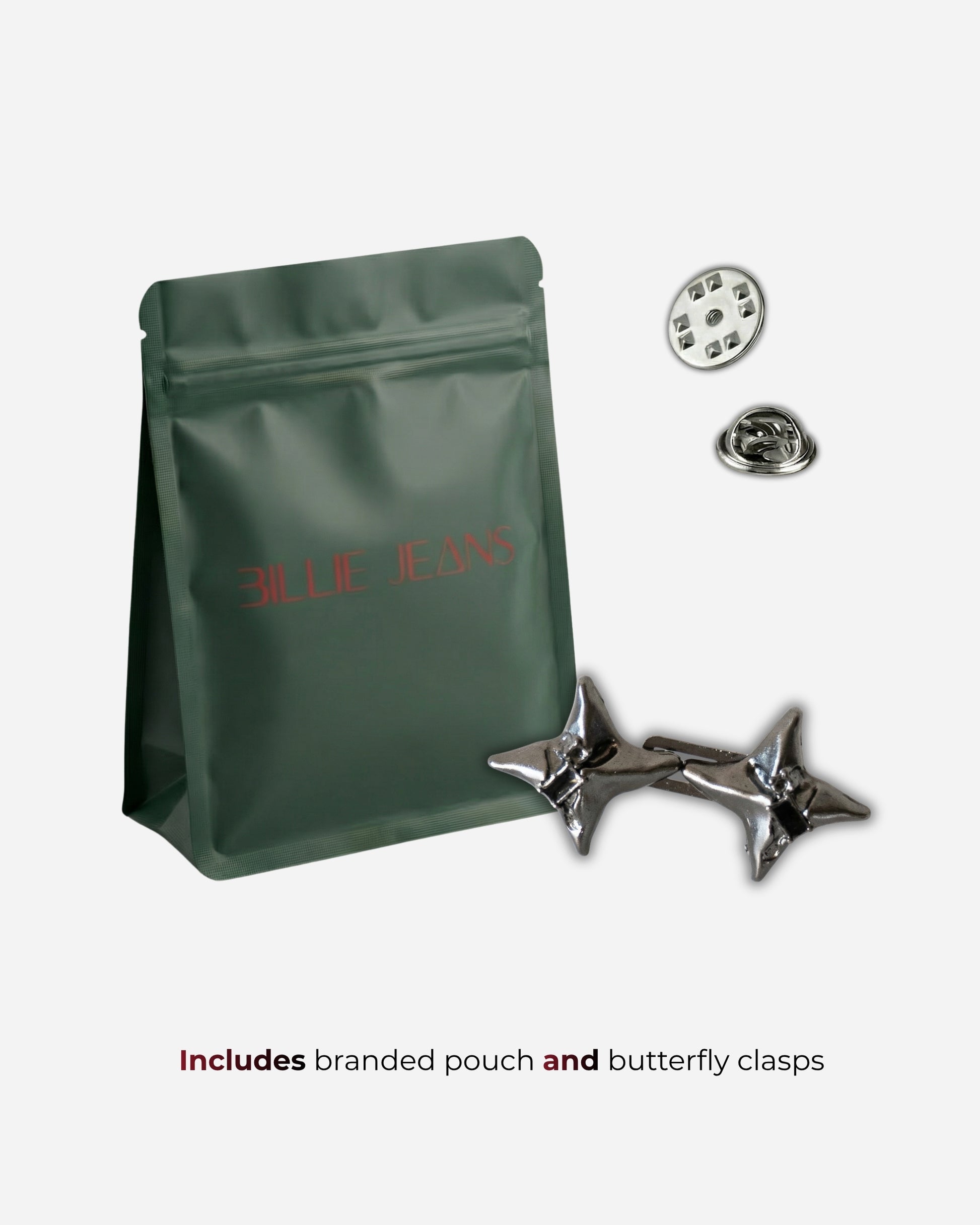 Green pouch with silver butterfly clasps and buttons on a plain background.