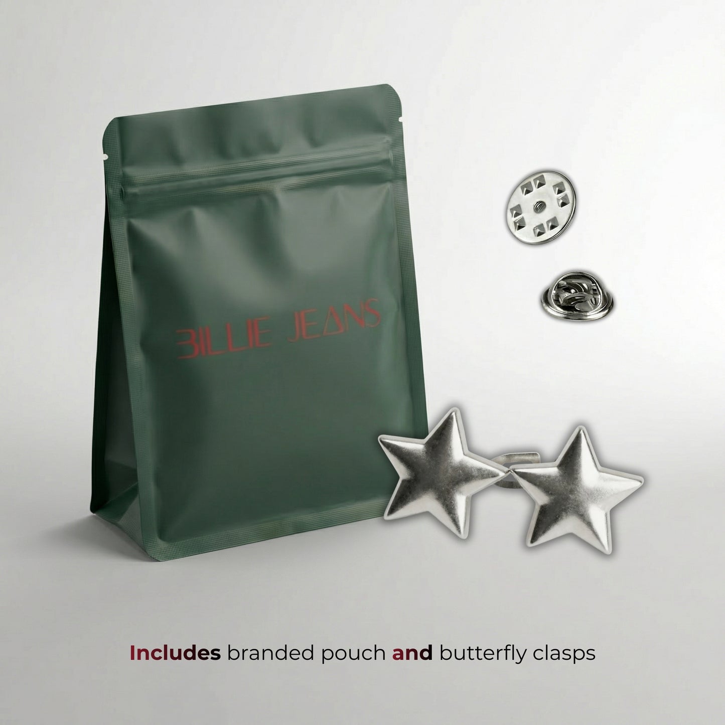 Green branded pouch with butterfly clasps on a light gray background
