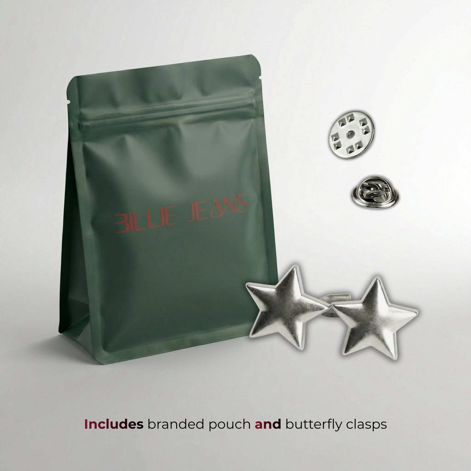 Green branded pouch with butterfly clasps on a light gray background