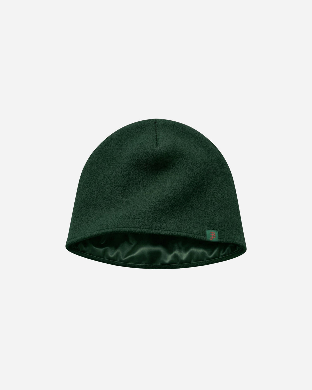 Billie Satin Beanie in green with satin lining and Billie label, on a light background