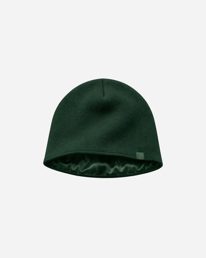 Billie Satin Beanie in green with satin lining and Billie label, on a light background