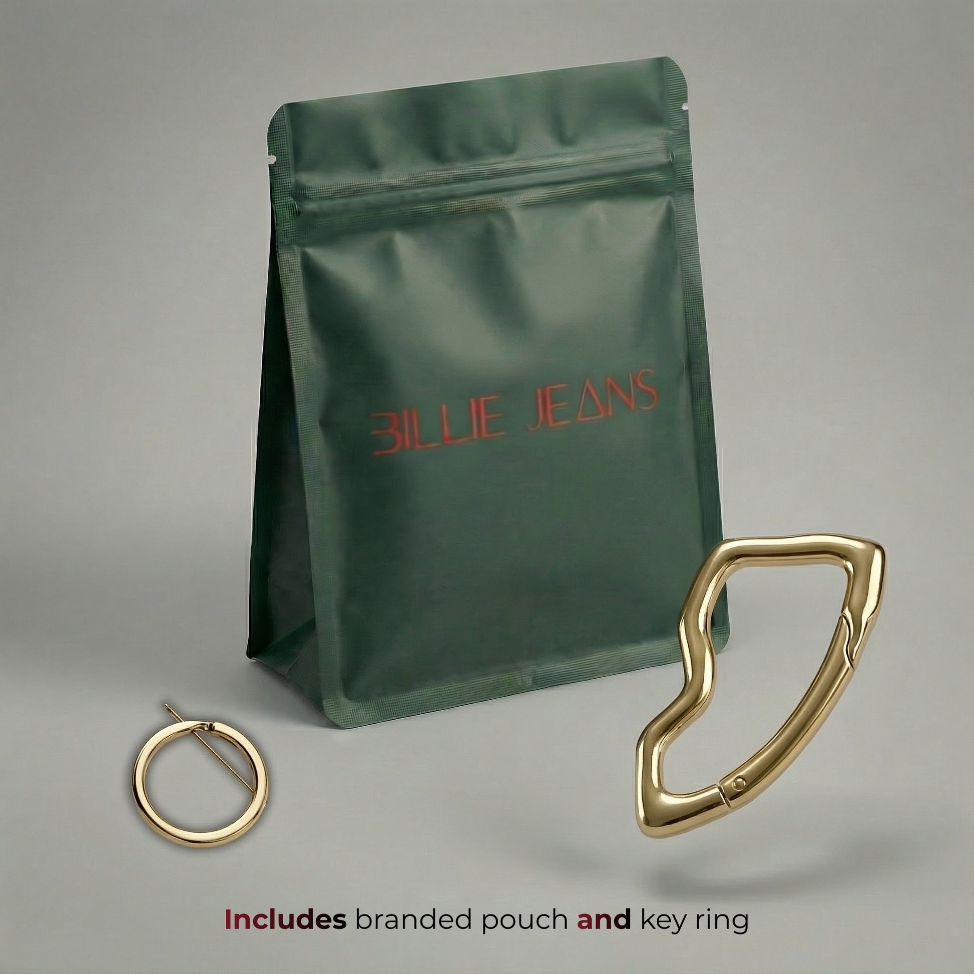 Green branded pouch with gold key ring on a gray background