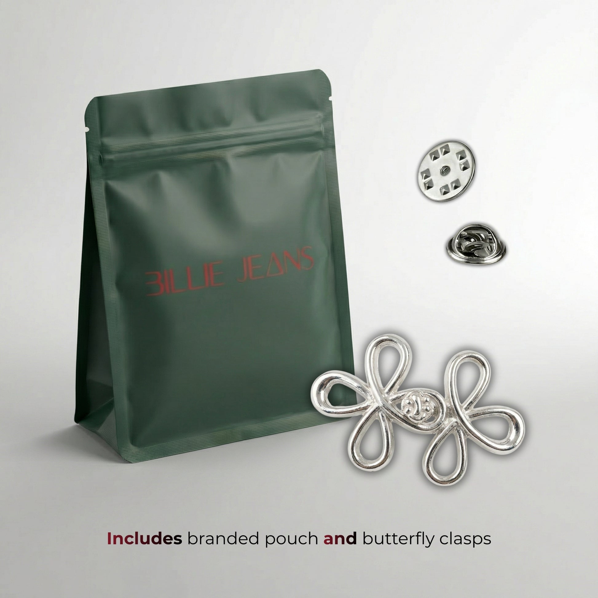 Green branded pouch with butterfly clasps on a light gray background