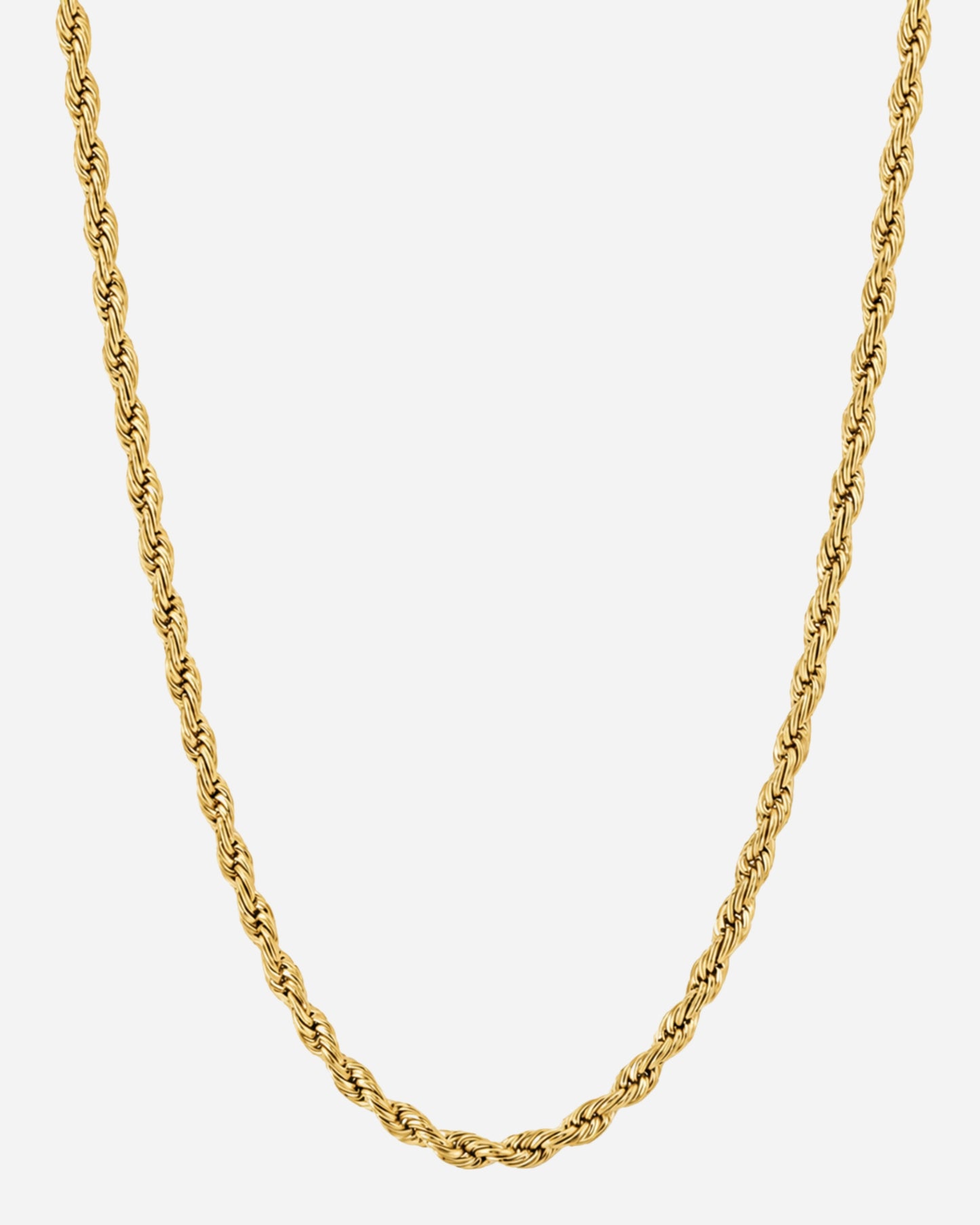 Twisted gold chain necklace on a plain background