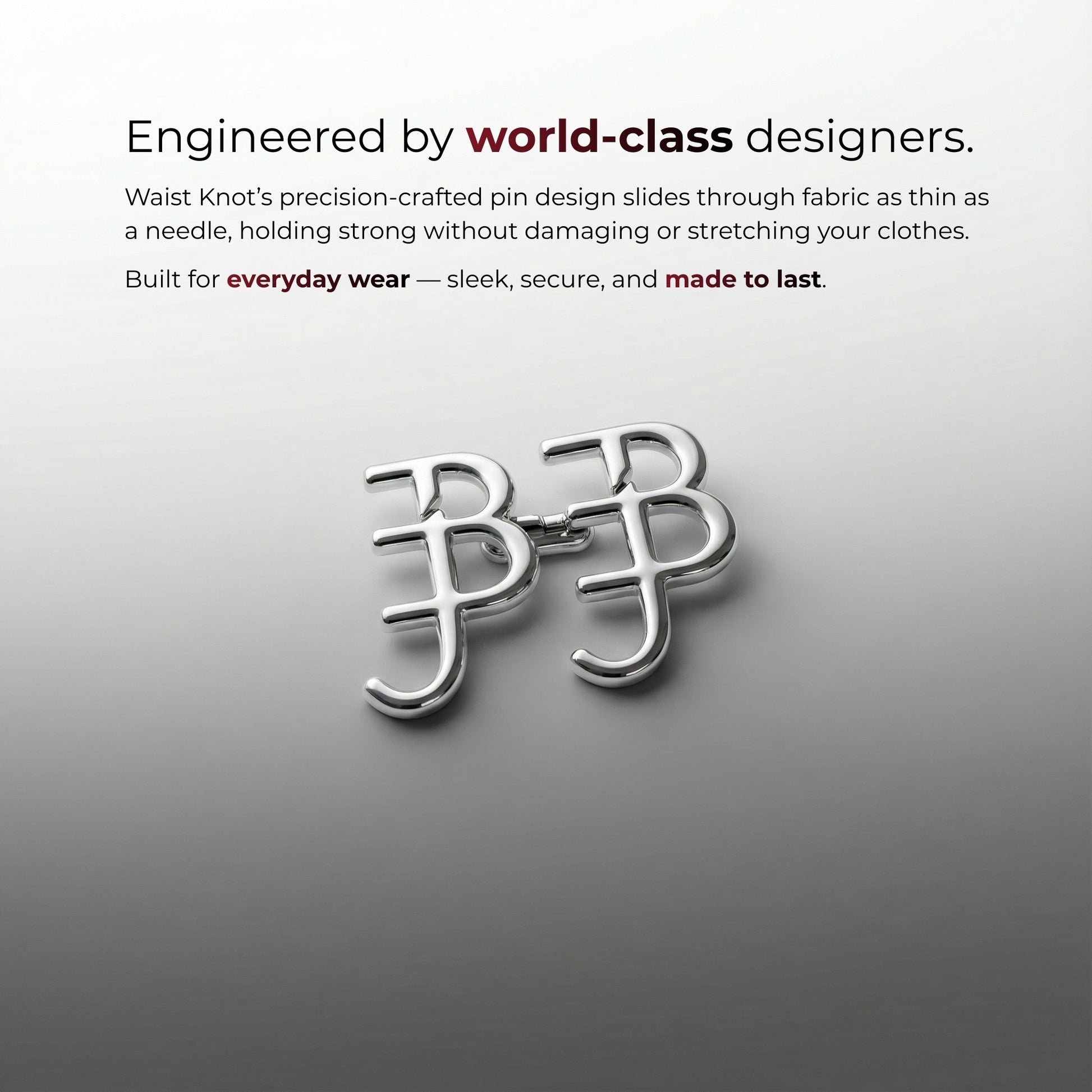 Zilveren tailleknoop met 'BB'-ontwerp op een grijze achtergrond, met tekst over ontwerpers van wereldklasse en productkenmerken.