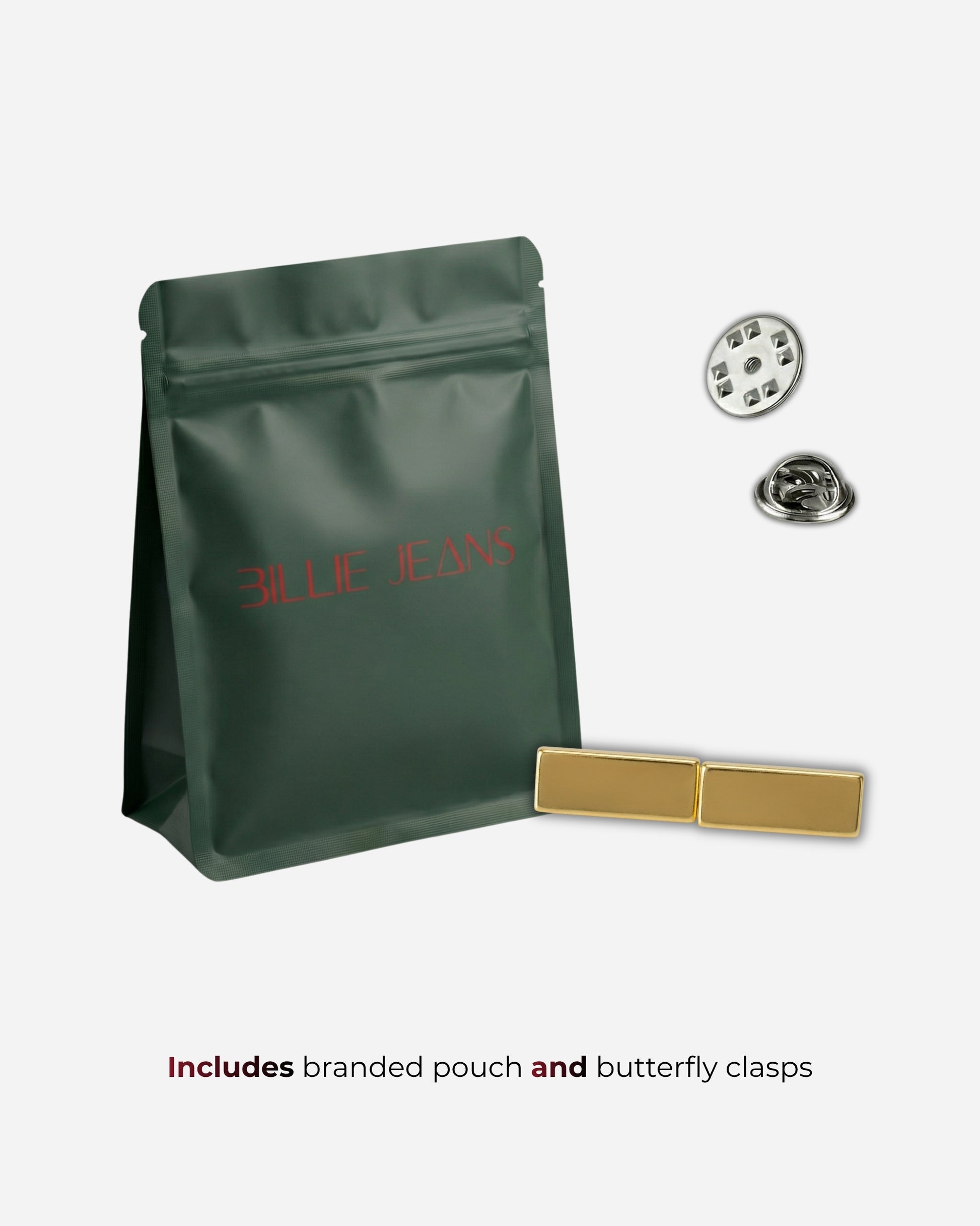 Green pouch with red text, two gold clasps, and two silver buttons on a plain background.