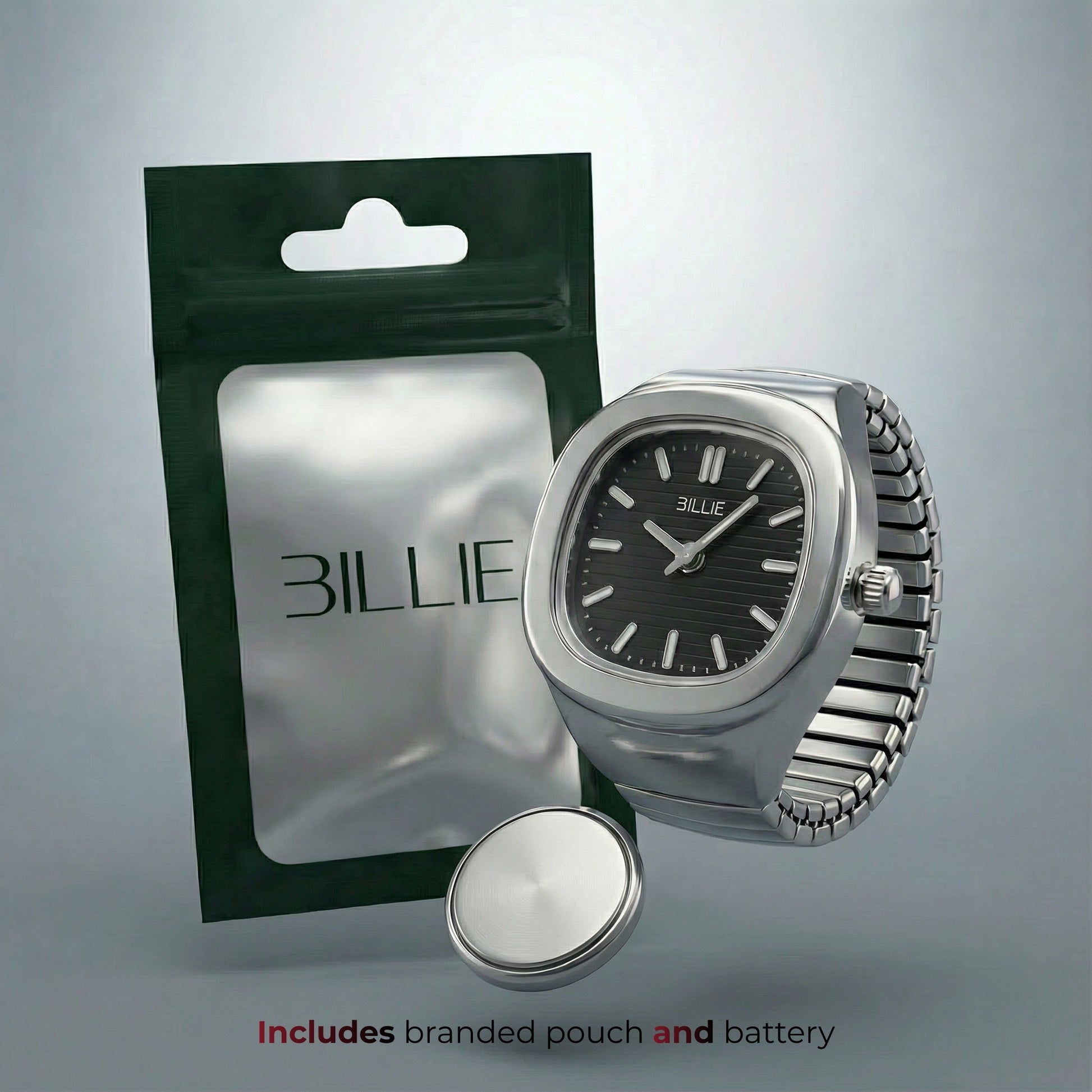 Silver watch with branded pouch and battery on a gray background