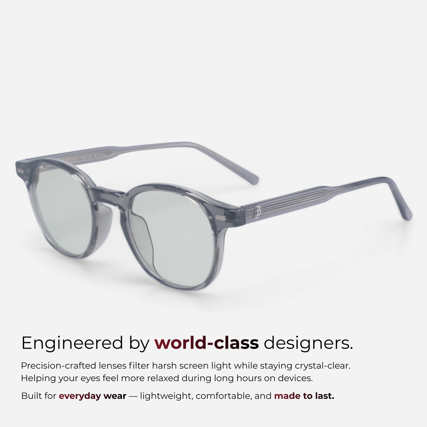 Sunglasses with a clear lens on a white background, featuring text about world-class design and screen light filtering.