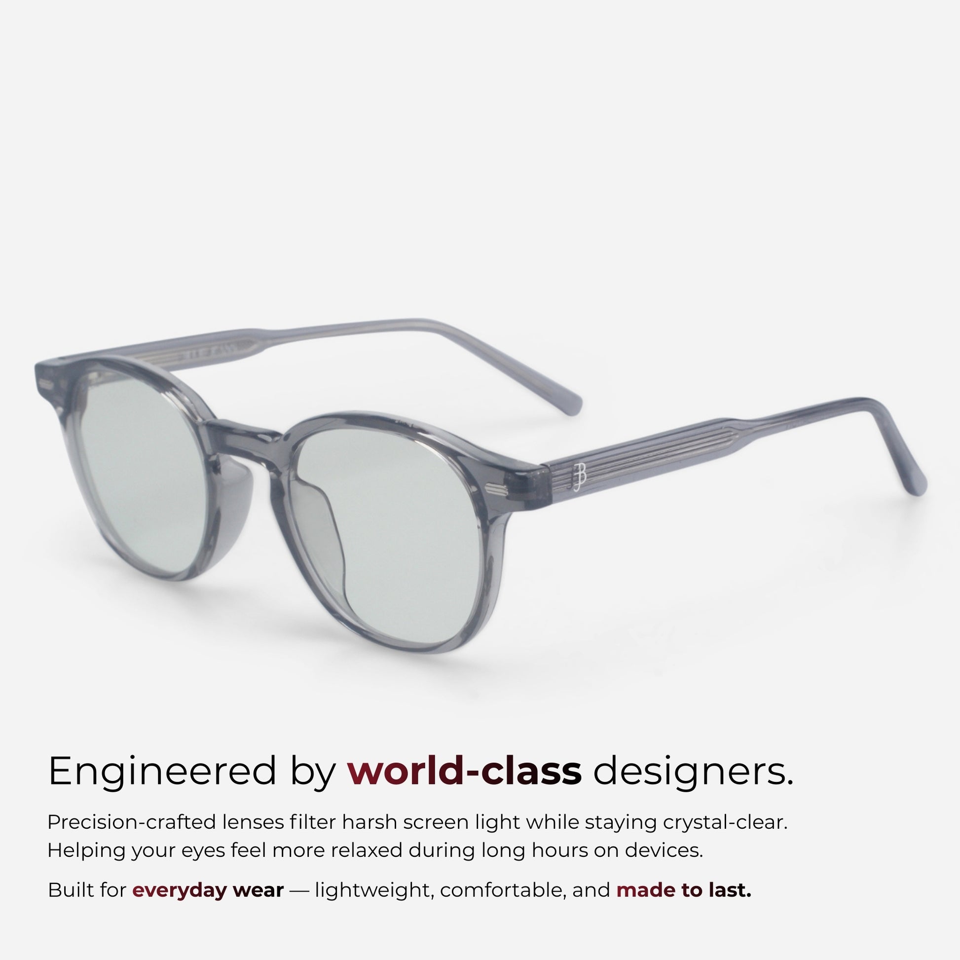 Sunglasses with a clear lens on a white background, featuring text about world-class design and screen light filtering.