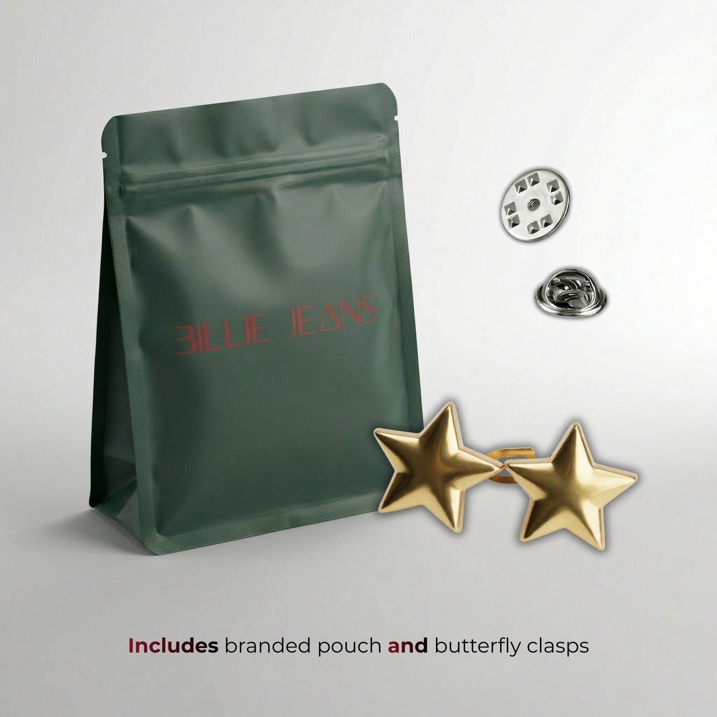 Green branded pouch with gold star-shaped earrings and butterfly clasps on a light gray background.