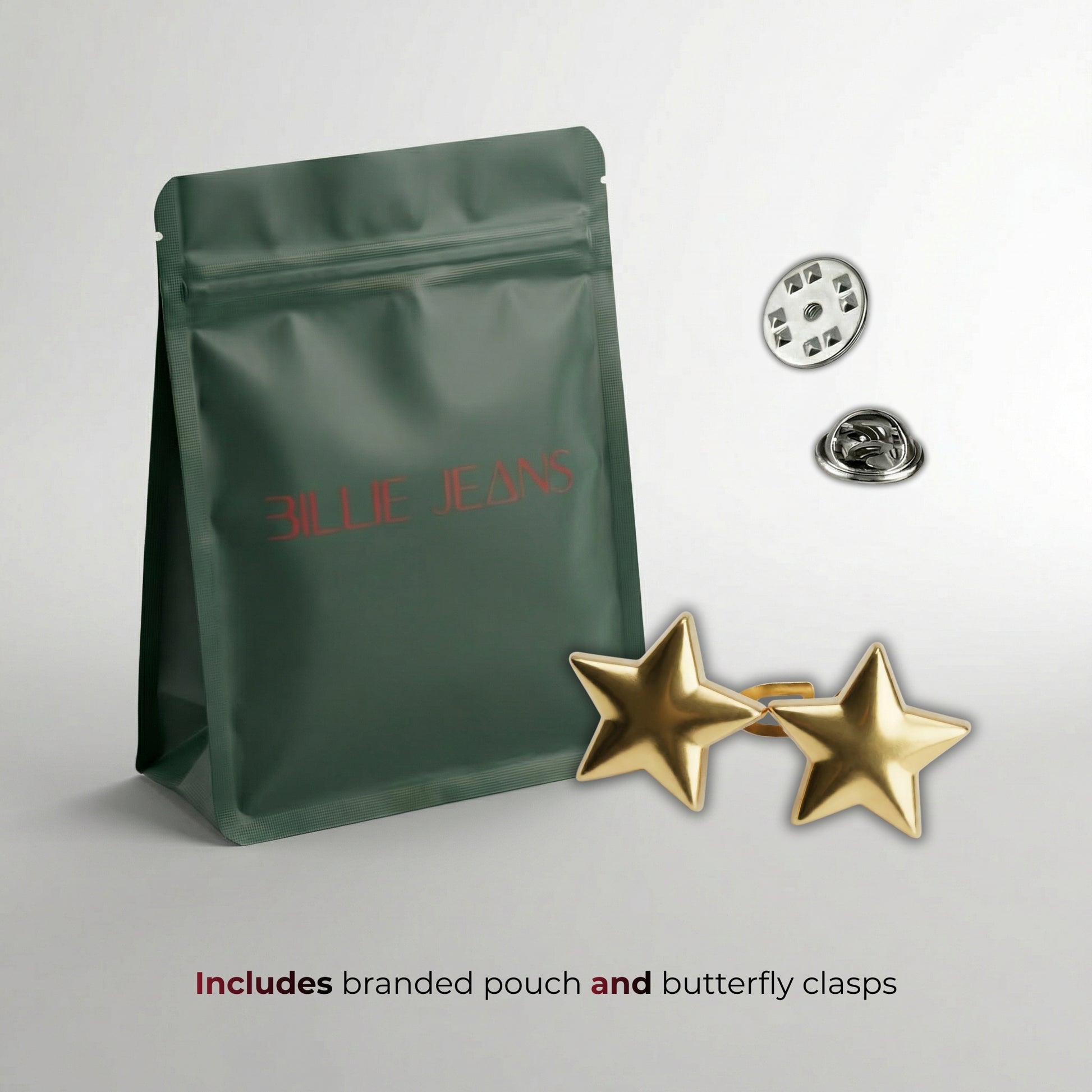 Green branded pouch with gold star-shaped earrings and butterfly clasps on a light gray background.