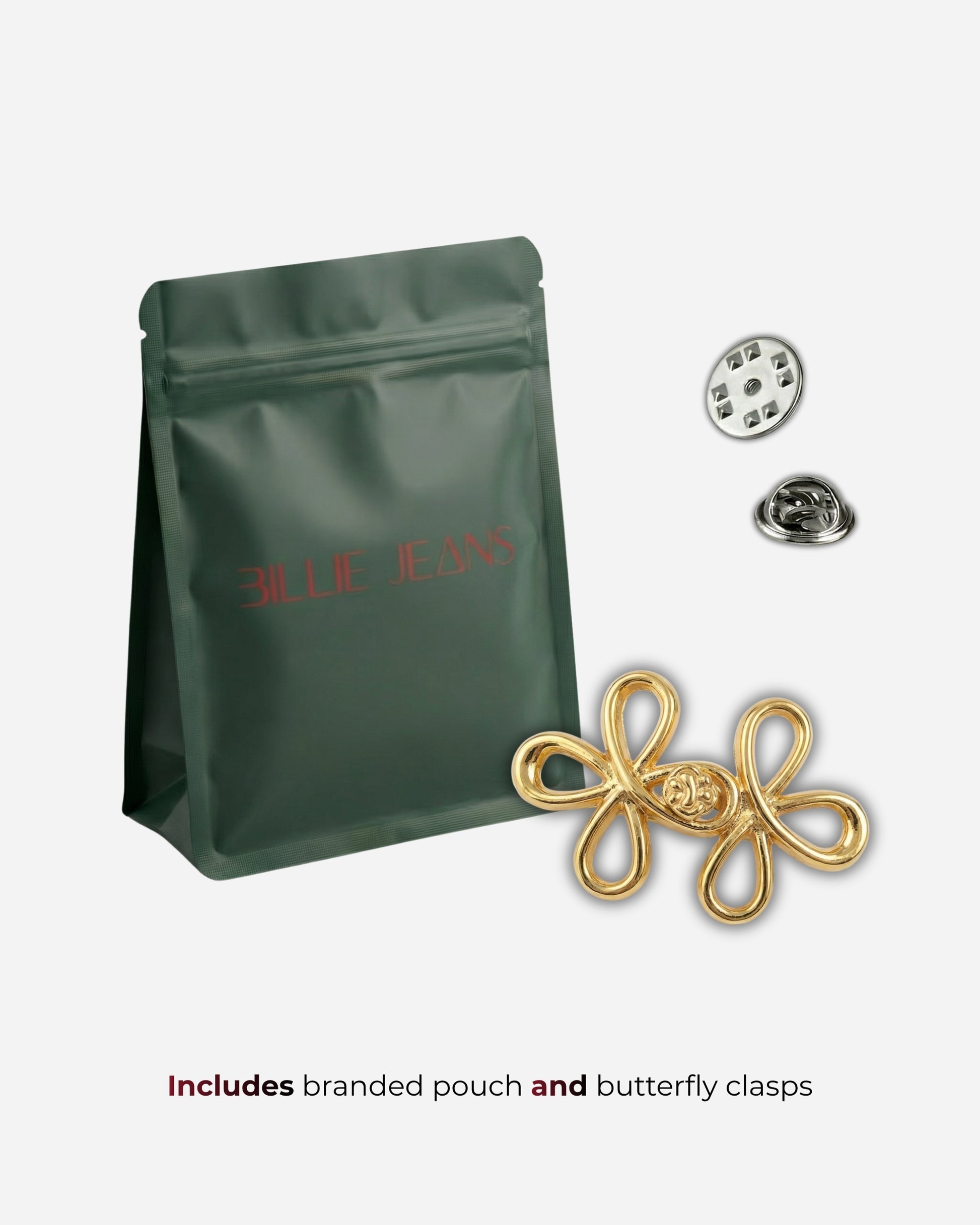 Green pouch with gold accessory and two clasps on a plain background.