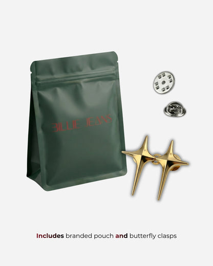 Green pouch with red text, gold star-shaped earrings, and metal clasps.