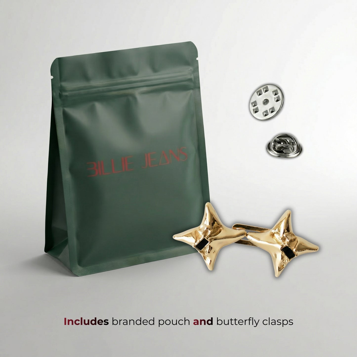 Green branded pouch with butterfly clasps on a light gray background