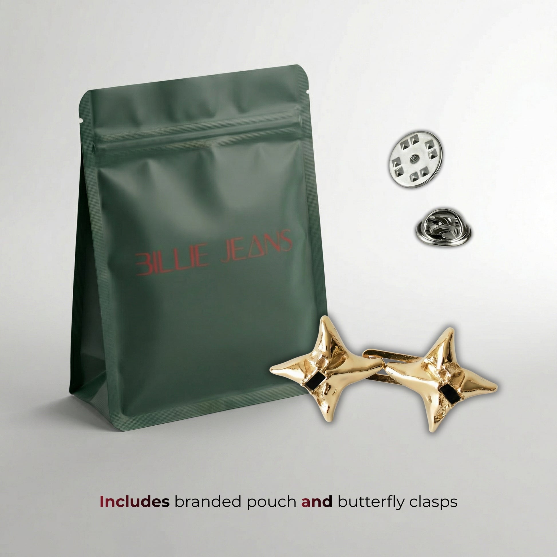 Green branded pouch with butterfly clasps on a light gray background