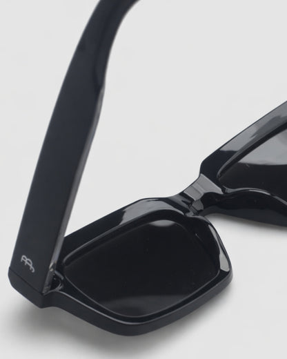 Close-up of black sunglasses on a plain background