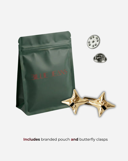 Green pouch with gold star clasps and metal fasteners on a plain background.