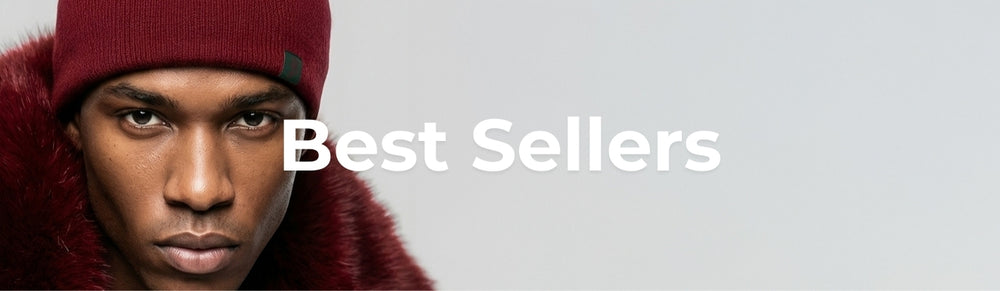 Person wearing a red beanie and fur-lined hood with 'Best Sellers' text on a gray background