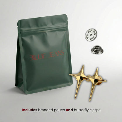 Green branded pouch with butterfly clasps on a light gray background