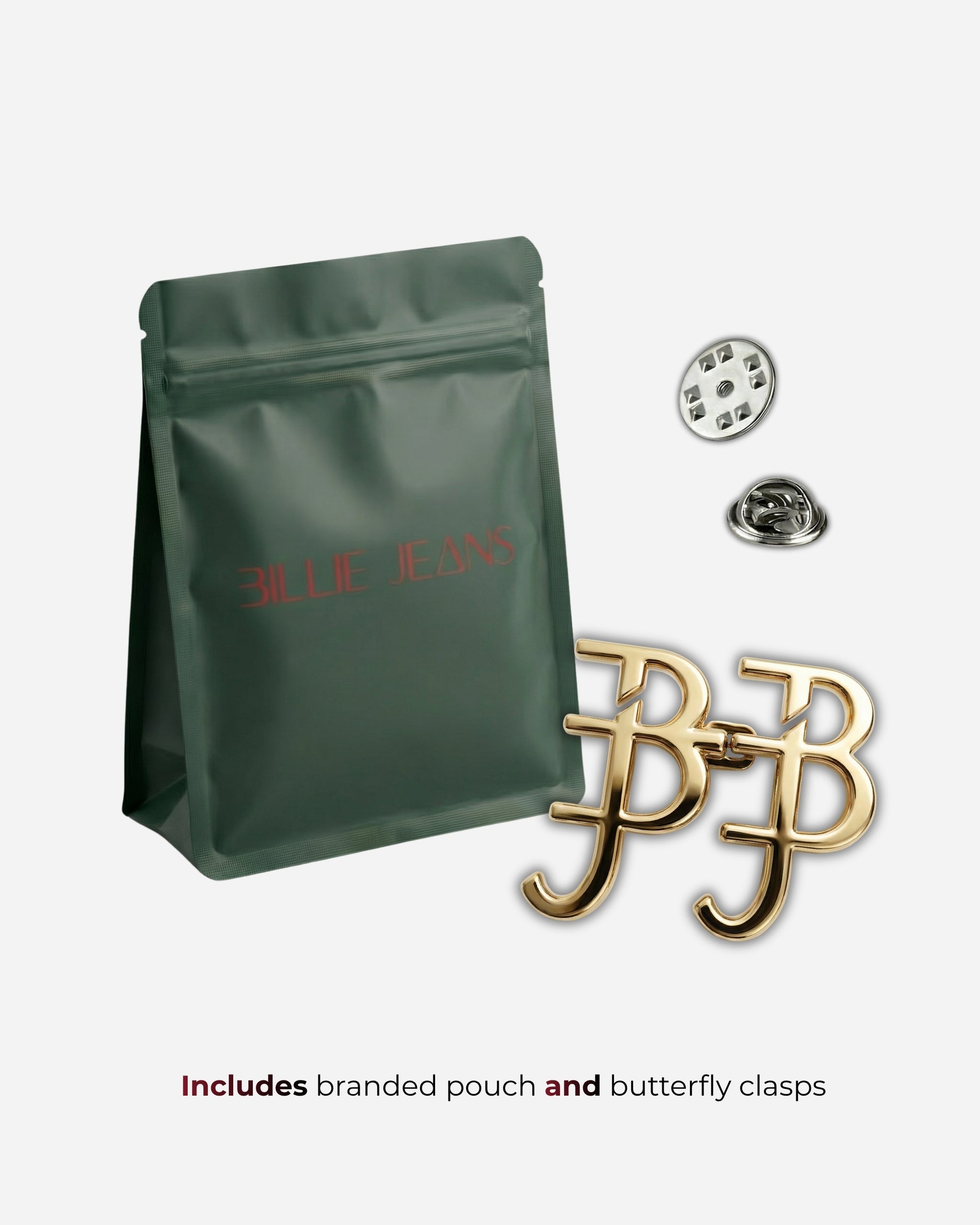 Green pouch with gold and silver clasps, includes text about contents.
