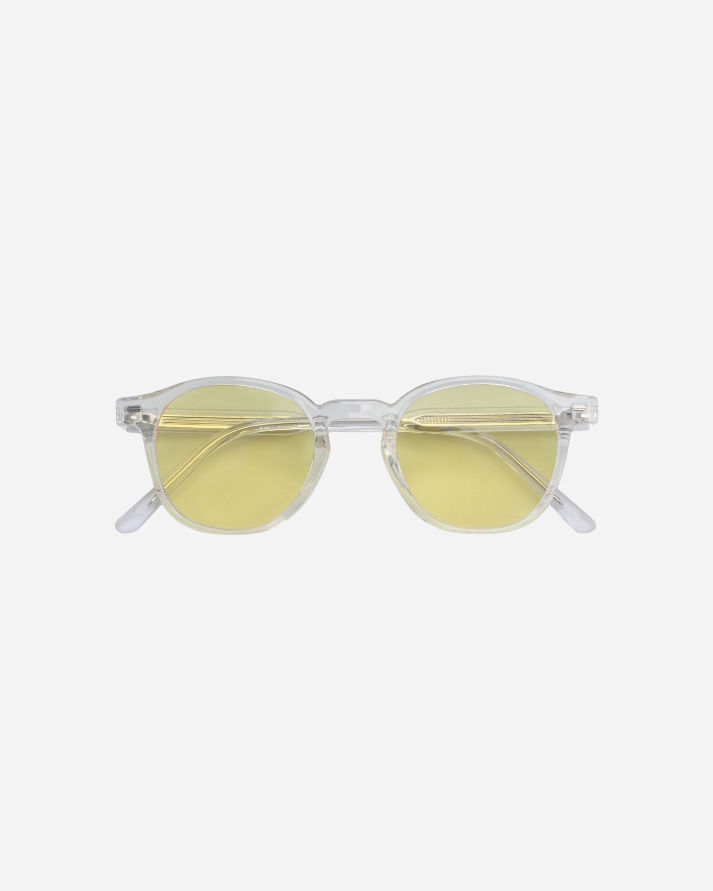 Round sunglasses with clear frames and yellow lenses on a plain background.