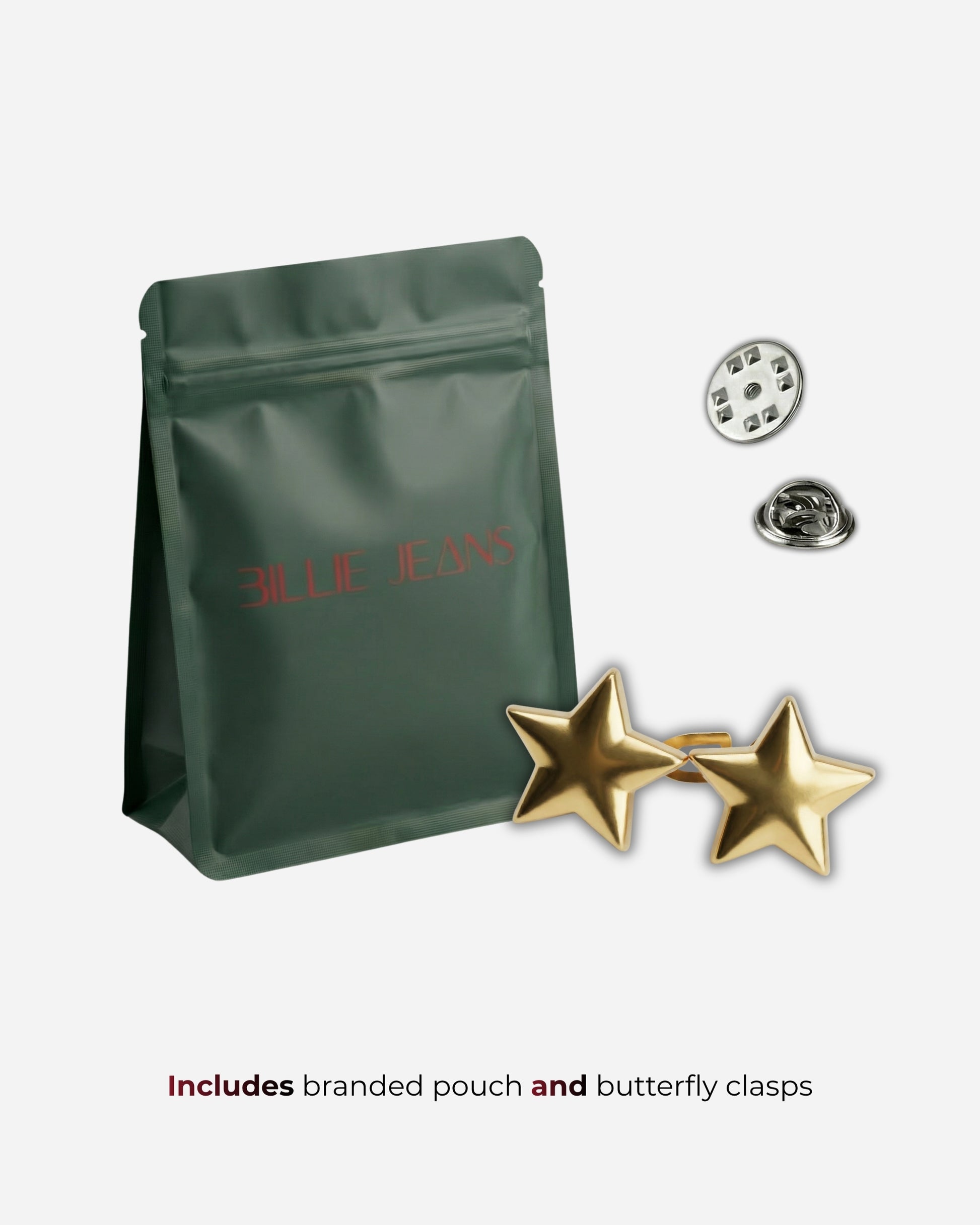 Green pouch with red text, two gold star earrings, and metal clasps on a light background.