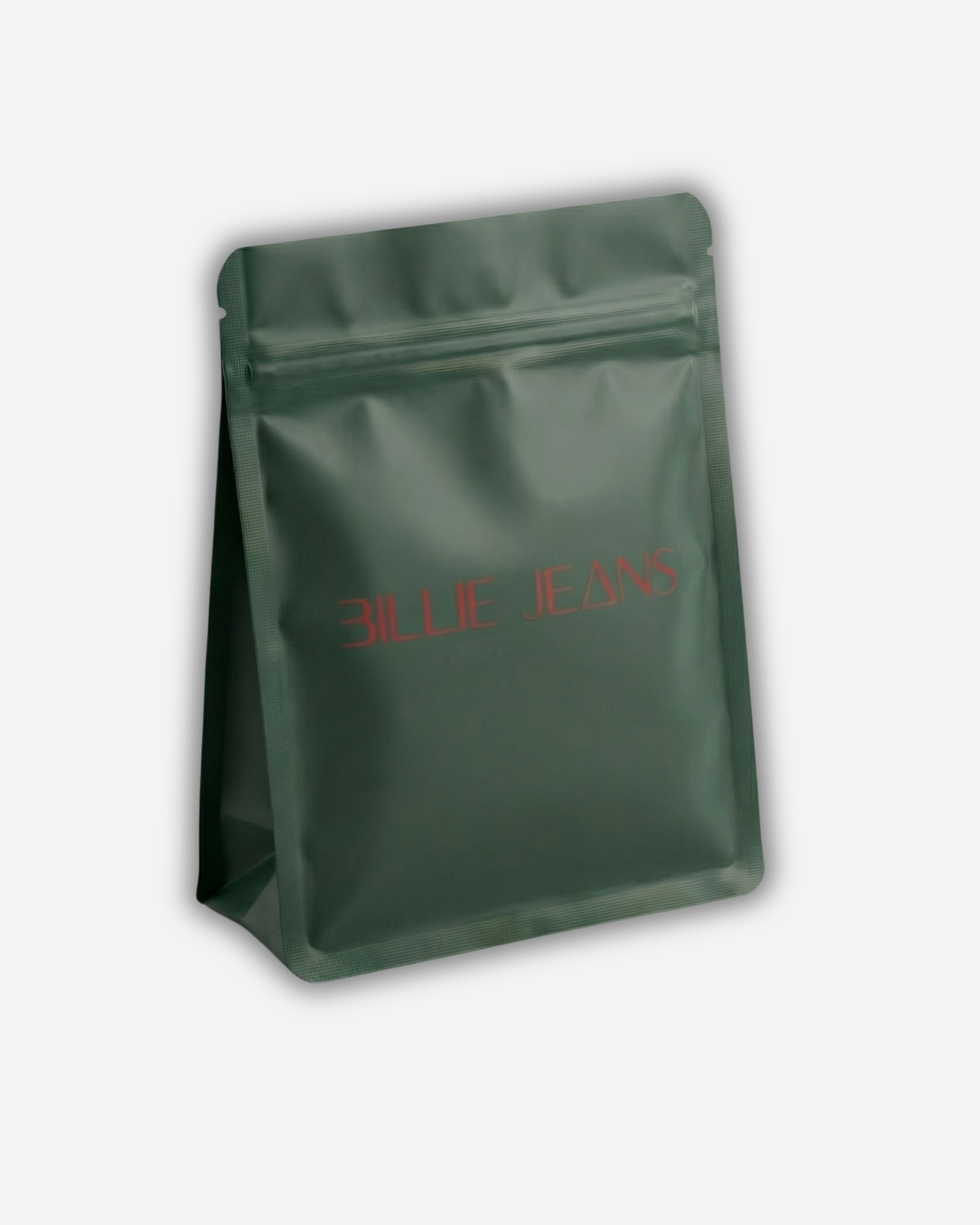 Green packaging bag with red text