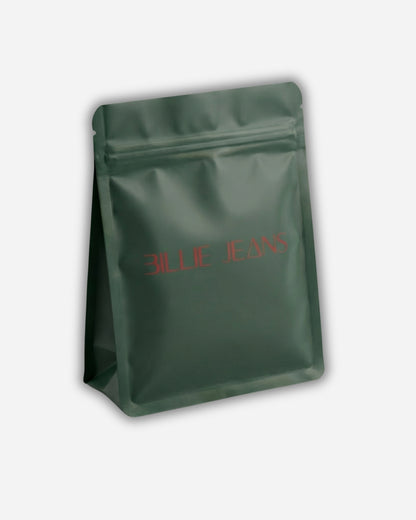 Green packaging bag with red text