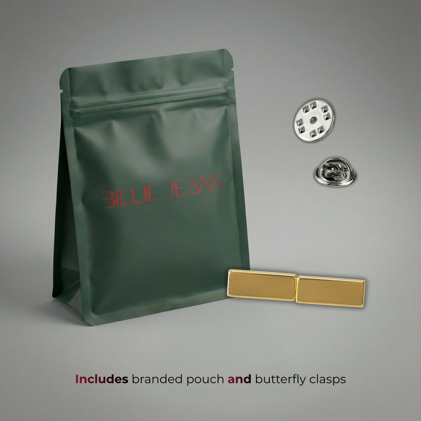 Green branded pouch with butterfly clasps on a gray background