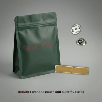 Green branded pouch with butterfly clasps on a gray background
