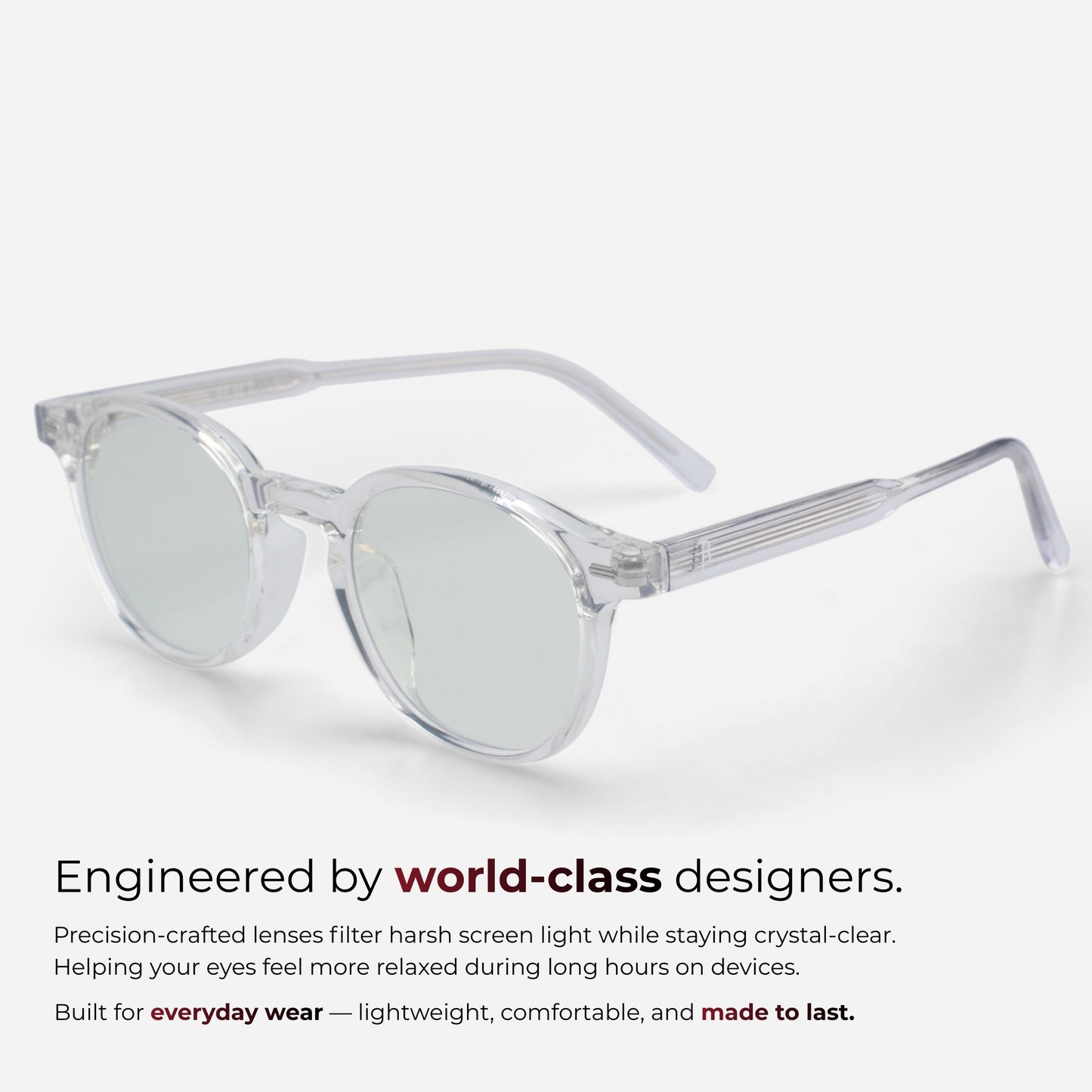 Clear op een witte achtergrond met tekst over design van wereldklasse en het filteren van schermlicht.