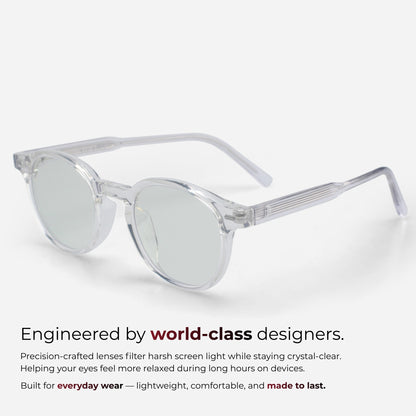 Clear op een witte achtergrond met tekst over design van wereldklasse en het filteren van schermlicht.