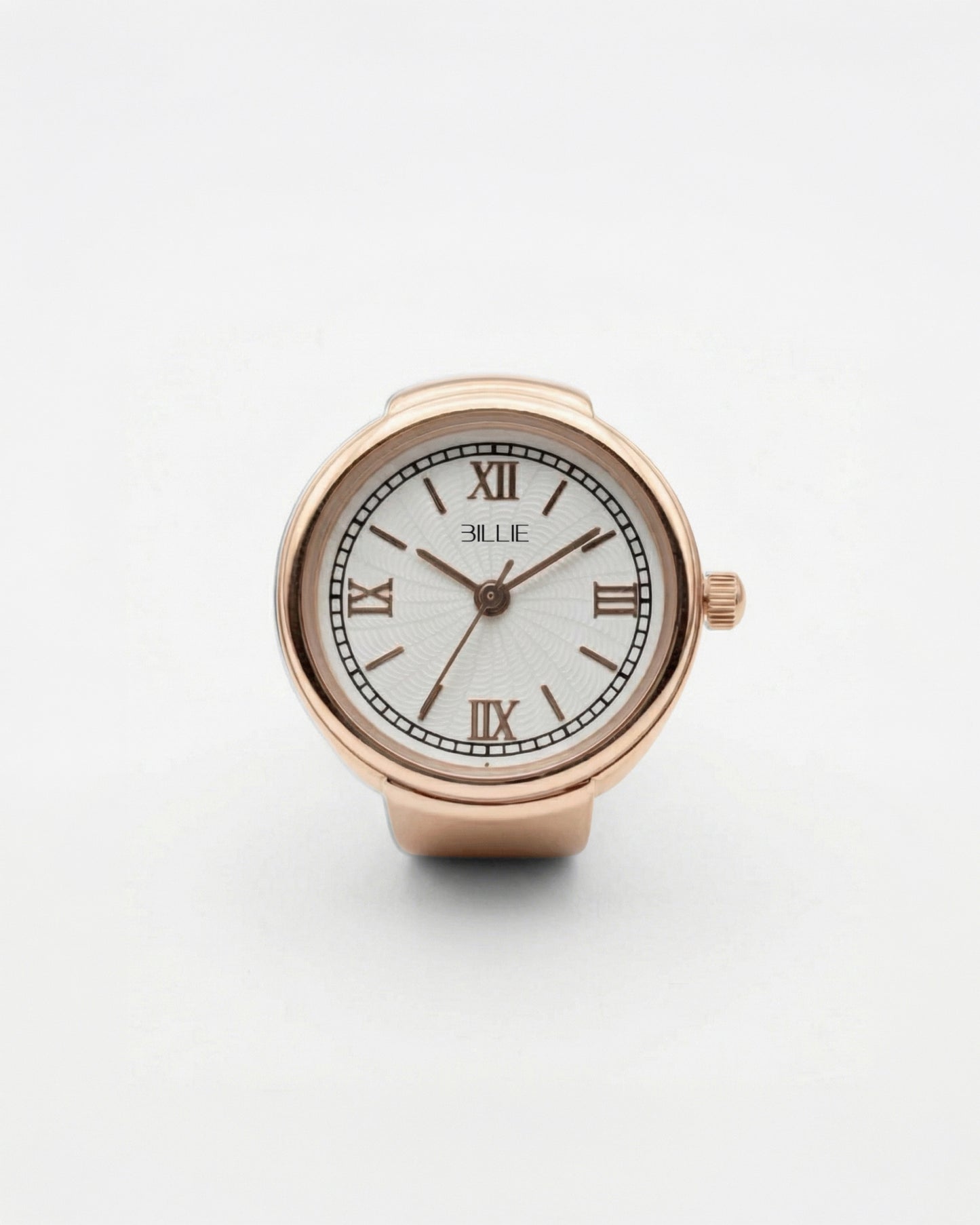 Rose gold watch with white face and Roman numerals on a plain background