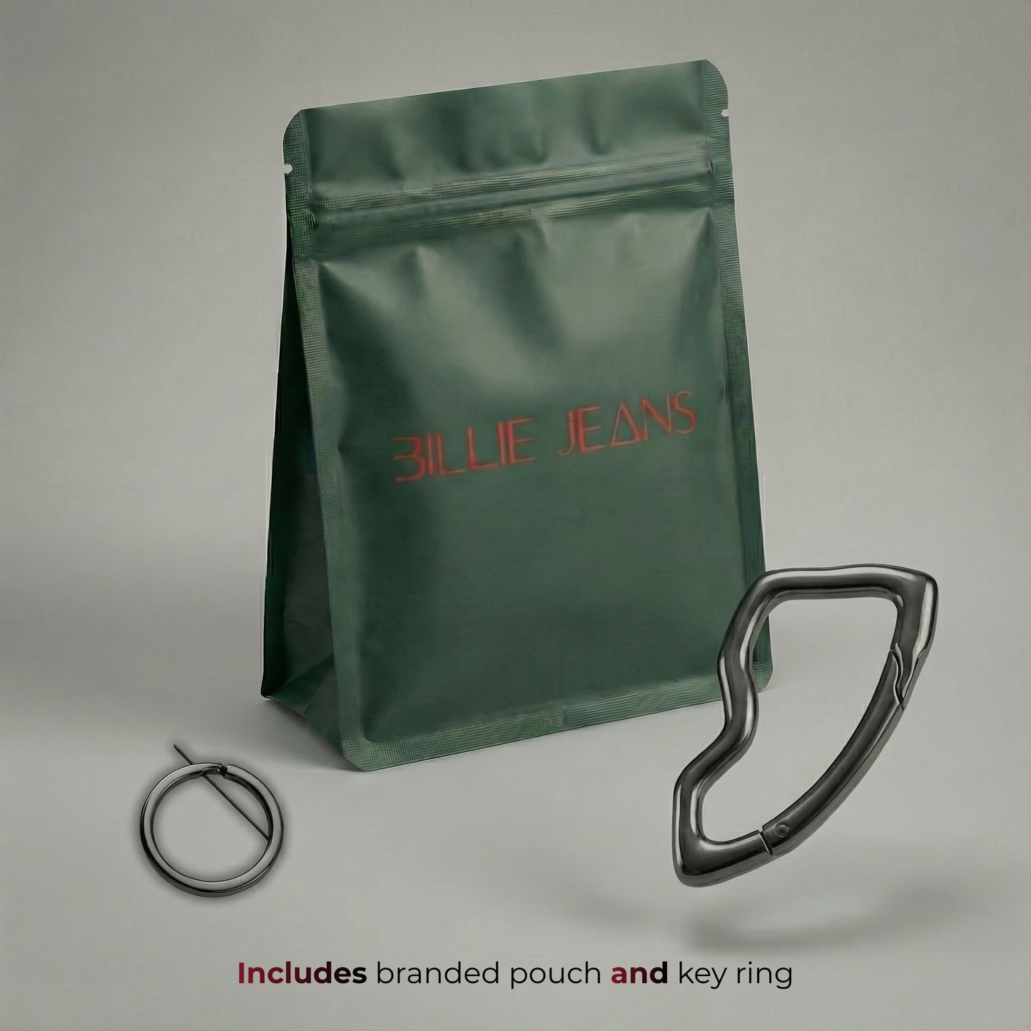 Green branded pouch with key ring on a gray background