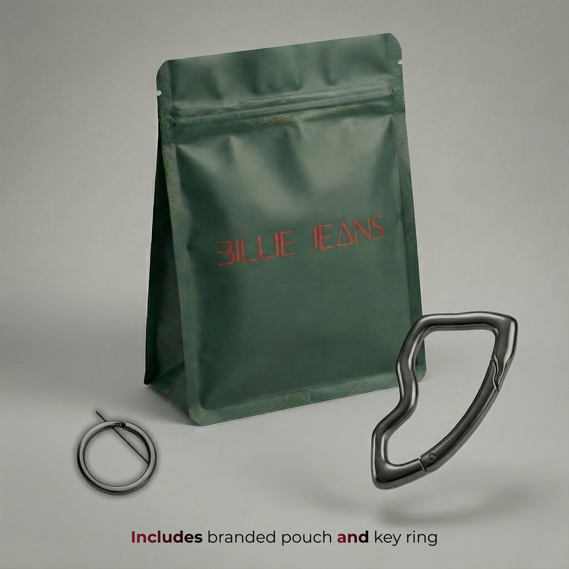 Green branded pouch with key ring on a gray background