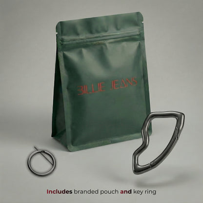 Green branded pouch with key ring on a gray background