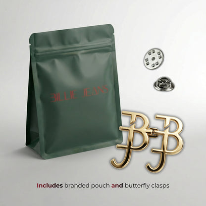 Green branded pouch with butterfly clasps on a light gray background