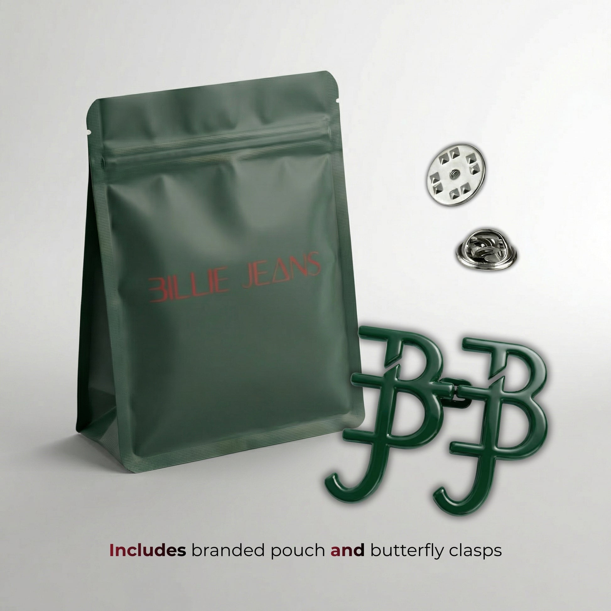 Green branded pouch with butterfly clasps on a light gray background