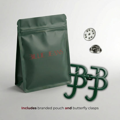 Green branded pouch with butterfly clasps on a light gray background