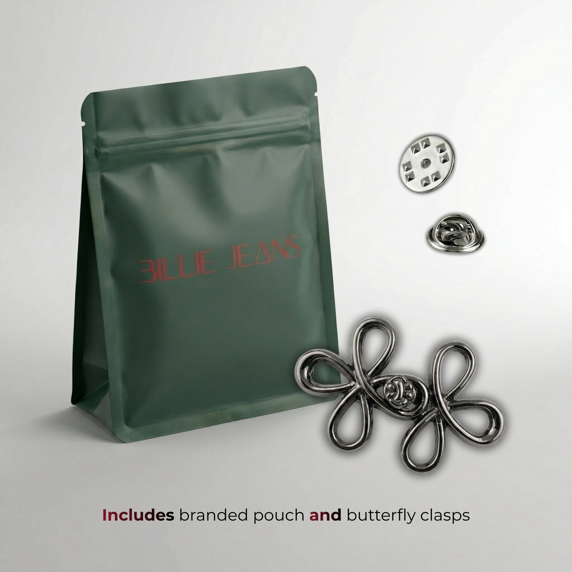Green branded pouch with butterfly clasps on a light gray background