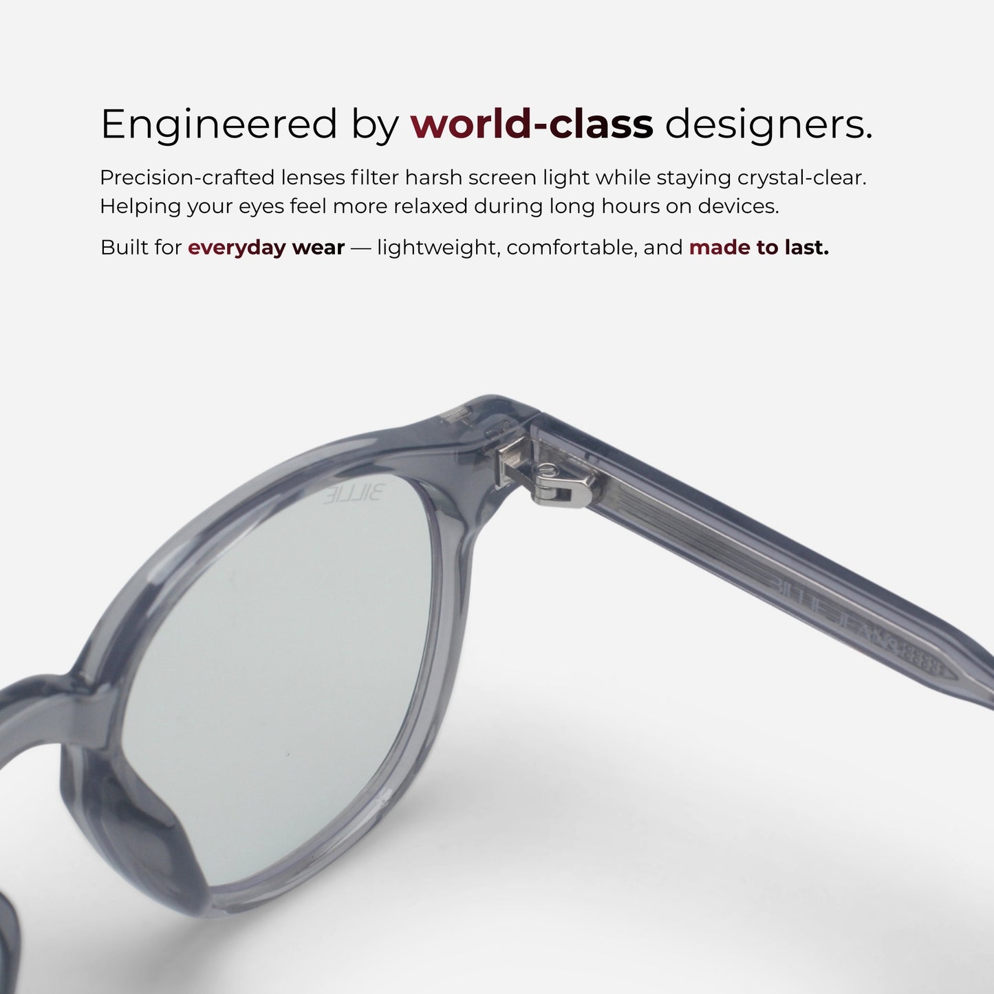 Eyeglasses with text about world-class design and comfort on a white background