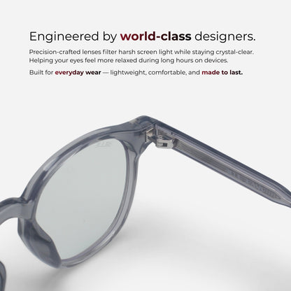 Eyeglasses with text about world-class design and comfort on a white background