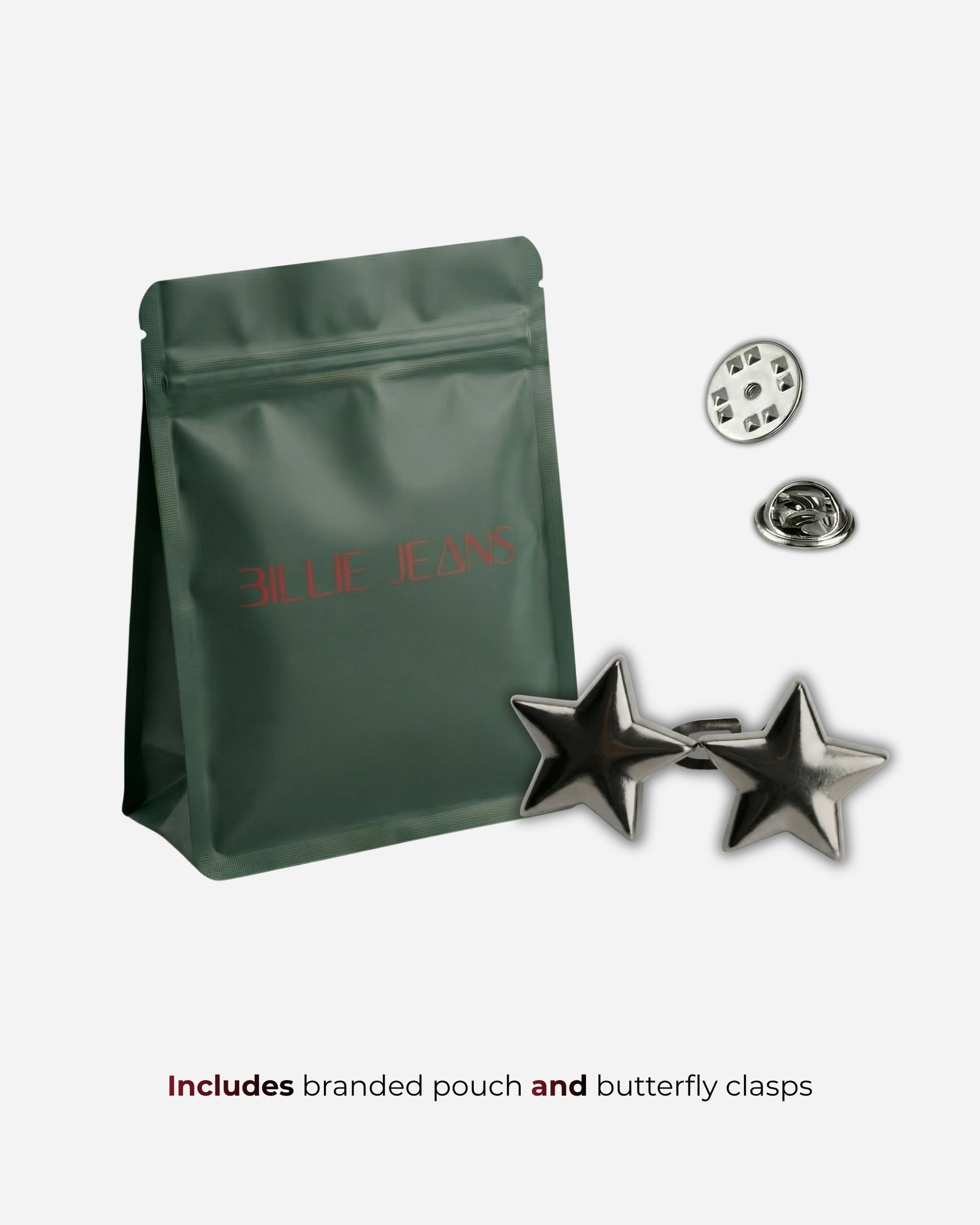 Green pouch with star-shaped accessories and clasps on a plain background.