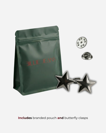 Green pouch with star-shaped accessories and clasps on a plain background.